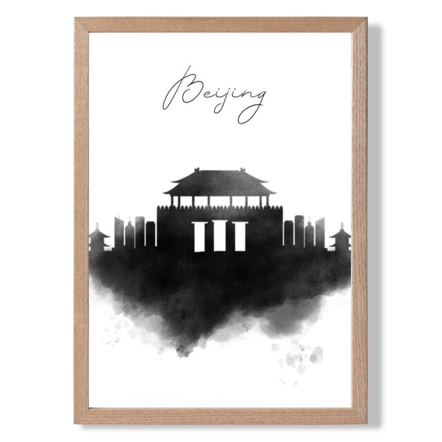ARTZE Beijing Watercolour Skyline City Framed Print SIZE: A3 with Oak Frame in Black - Size: A4 - image 1