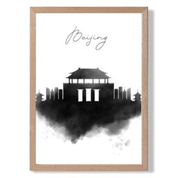 ARTZE Beijing Watercolour Skyline City Framed Print SIZE: A3 with Oak Frame in Black - Size: A4 - thumbnail 1