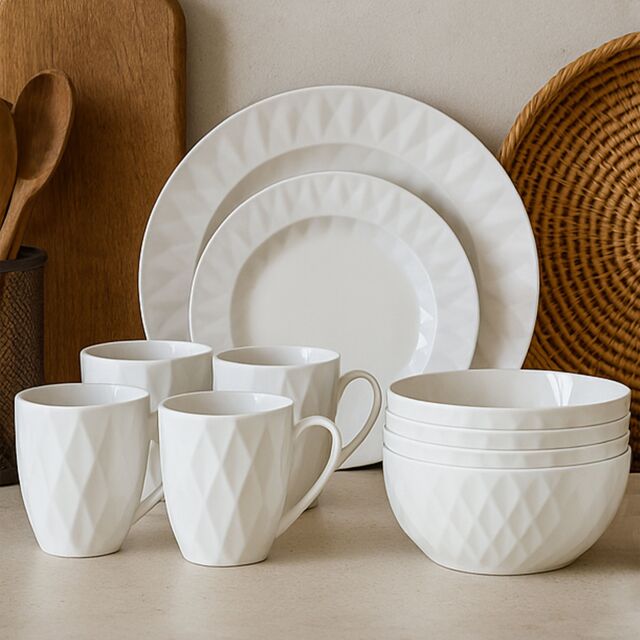 Orsina Livorno 16 Pc Embossed Geo Dinner Set in White - image 1