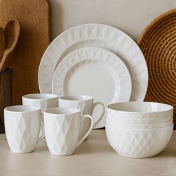 Orsina Livorno 16 Pc Embossed Geo Dinner Set in White - thumbnail 1
