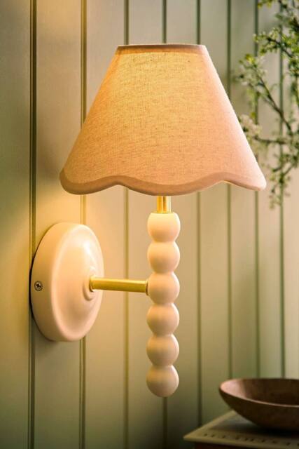 ValueLights Bobbins Cream Bobble Wall Light with Trim Linen Lamp Shade & Bulb in Natural - image 1