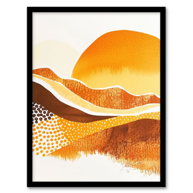 "Artery8 Abstract Mountains Sunset Amber Orange Landscape Framed Wall Art in Mustard - Size: W12"" x H16""" - image 1
