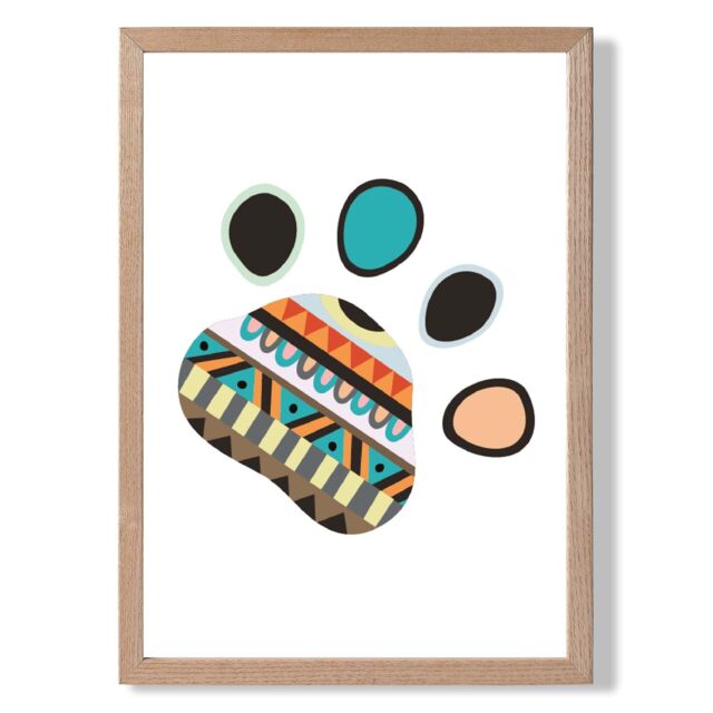 ARTZE Tribal Animal Paw Print Framed Print SIZE: A4 with Oak Frame in Bright Blue - image 1