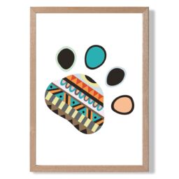 ARTZE Tribal Animal Paw Print Framed Print SIZE: A4 with Oak Frame in Bright Blue