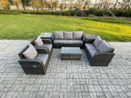 Fimous 7 Seater Rattan Wicker Garden Furniture Patio Conservatory Sofa Set with Rectangular Coffee Table 3 Seater Sofa Love Sofa 2 Side Tables - thumbnail 1