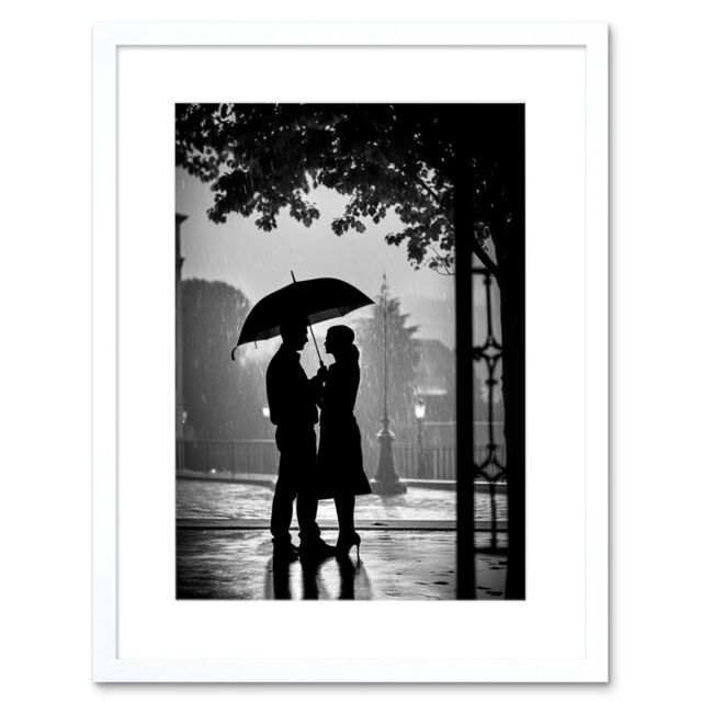 "Artery8 Wall Art Print A Couple Under an Umbrella Black & White Photo Artwork Framed 9X7 Inch - Size: W7"" x H9""" - image 1