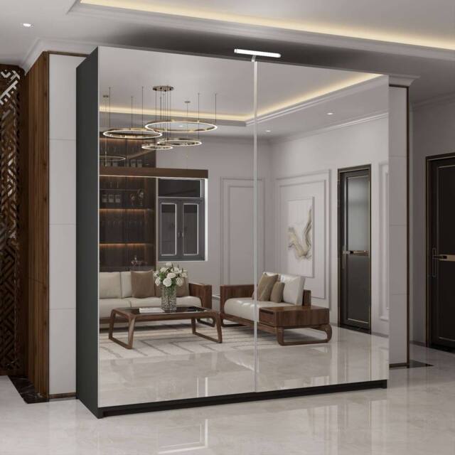 MN Furniture Double Mirror Sliding Wardrobe with LED Light 200cm x 217cm in Black - Size: 200 cm x 217 cm - image 1