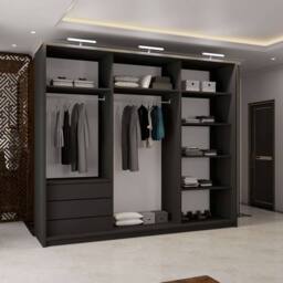 MN Furniture Double Mirror Sliding Wardrobe with LED Light 200cm x 217cm in Black - Size: 200 cm x 217 cm - thumbnail 3
