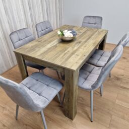 KOSY KOALA Rustic Effect Dining Table Set with 6 Grey Velvet Chairs Stylish Dining Room Furniture Set in Brown - thumbnail 1