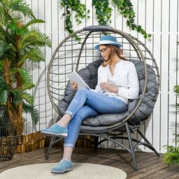 OUTSUNNY Freestanding Egg Chair Foldable Rattan Basket Chair for Outdoor or Indoor Grey - thumbnail 1