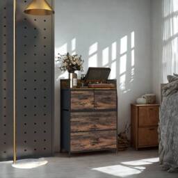 FURNOS Industrial 4 Fabric Drawer Chest Storage Unit With Shelftop Rustic in Brown - thumbnail 3