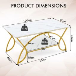 Costway Modern Faux Marble Coffee Table 2-Tier Rectangular Accent Table Chic Cocktail in White - thumbnail 3
