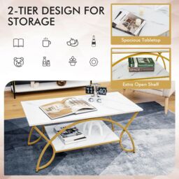 Costway Modern Faux Marble Coffee Table 2-Tier Rectangular Accent Table Chic Cocktail in White - thumbnail 6