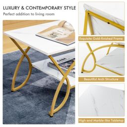 Costway Modern Faux Marble Coffee Table 2-Tier Rectangular Accent Table Chic Cocktail in White - thumbnail 5