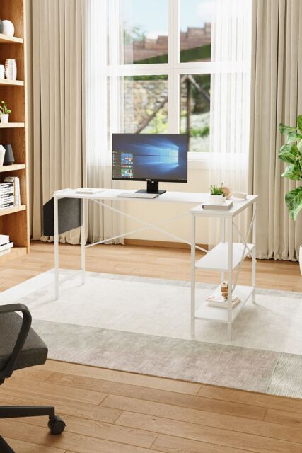 Living and Home L-Shaped Office Desk with Bag & Shelves, 136 x 80 x 75 cm in White - image 1