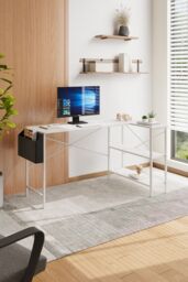 Living and Home L-Shaped Office Desk with Bag & Shelves, 136 x 80 x 75 cm in White - thumbnail 2