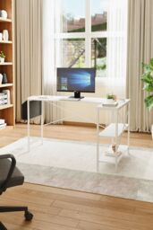 Living and Home L-Shaped Office Desk with Bag & Shelves, 136 x 80 x 75 cm in White - thumbnail 1