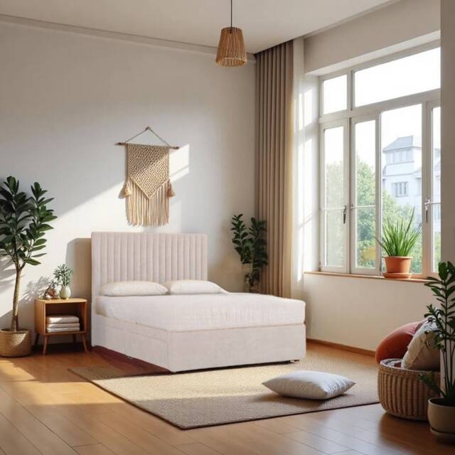 Knight Sleep Emily Plush Velvet Divan Bed Set with Princess Mattress & Headboard in Cream - Size: Small Double - image 1