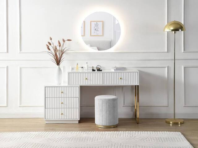 Vente-unique Dressing Table With Mirror - 5 Drawers - White & Gold - PEROLIA - image 1