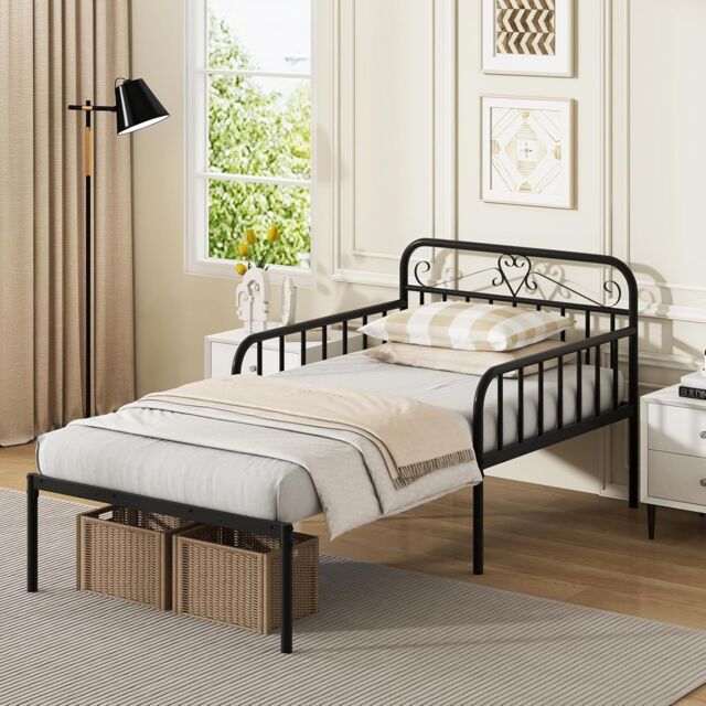 Gymax Extendable Daybed Frame Single Metal Bed With Trundle & Slats Support in Black - image 1