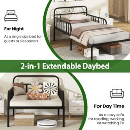 Gymax Extendable Daybed Frame Single Metal Bed With Trundle & Slats Support in Black - thumbnail 2