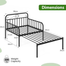 Gymax Extendable Daybed Frame Single Metal Bed With Trundle & Slats Support in Black - thumbnail 4