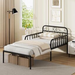 Gymax Extendable Daybed Frame Single Metal Bed With Trundle & Slats Support in Black
