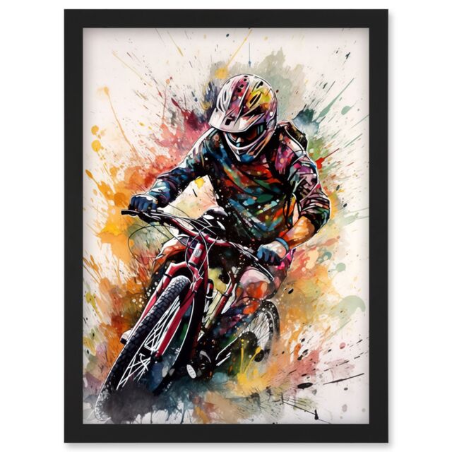 Artery8 Mountain Biker Action Shot Paint Splat Portrait Artwork Framed Wall Art Print A4 in Black - image 1