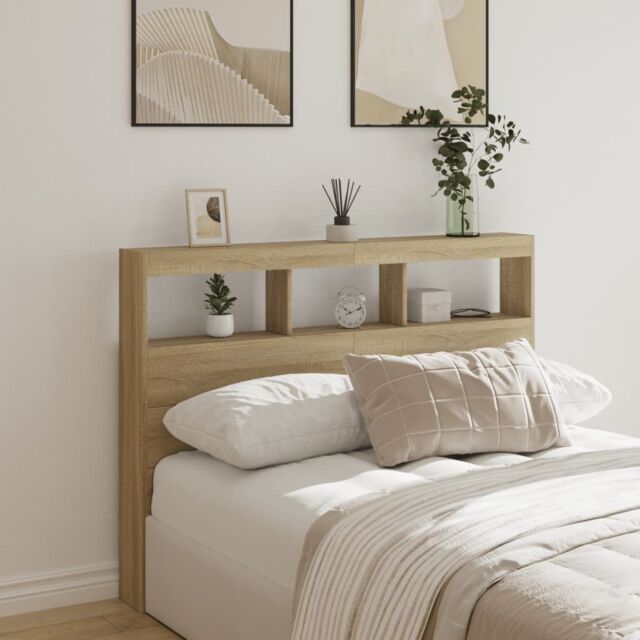 Berkfield Home Headboard Cabinet with LED Sonoma Oak 140x17x102 cm in Brown - Size: 140 x 17 x 102 cm - image 1