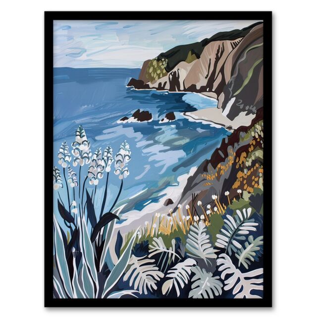 "Artery8 Cornish Coast Painting Cornwall Wildflowers Framed Art Print in Blue - Size: W12"" x H16""" - image 1