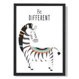 ARTZE Be Different Zebra Tribal Animal Quote Framed Print SIZE: A4 with Black Frame in Grey - thumbnail 1