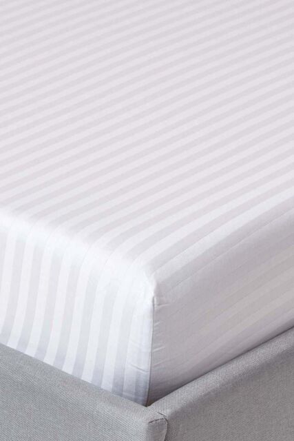 Homescapes Egyptian Cotton Satin Stripe Fitted Sheet 12 inch 330 Thread Count in White - Size: Small Double Fitted - image 1