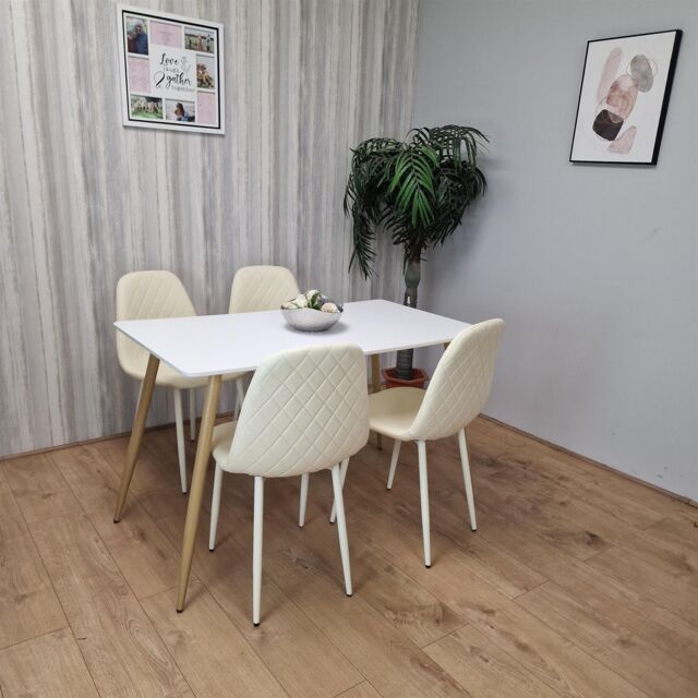 KOSY KOALA Modern Rectangle White Dining Table Set With 4 Cream Chairs Dining Room Furniture - image 1