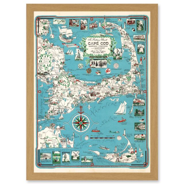 Artery8 1949 Cape Cod Nantucket Massachusetts Pictorial Map Chase A4 Artwork Framed Wall Art Print in Light Oak - image 1