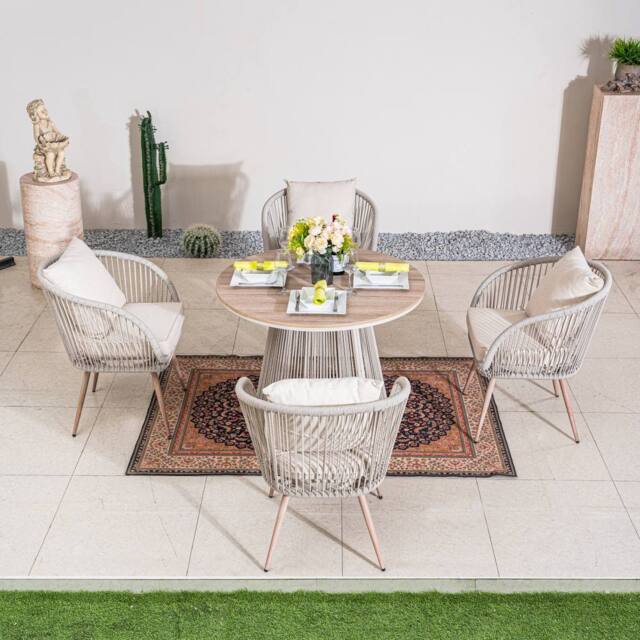 Direct Wicker Garden Iron Woven Round Dining Table Set with Four Chairs for Patio in Grey - Size: 4 Person - image 1