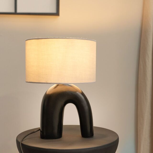 ValueLights Lia Fabric Drum Lamp Shade Black Arch Abstract Ceramic Table Lamp in White - image 1