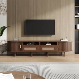 BTM TV Cabinet TV Stand Console Rattan Drawers Sliding Doors Storage in Dark Brown - thumbnail 3