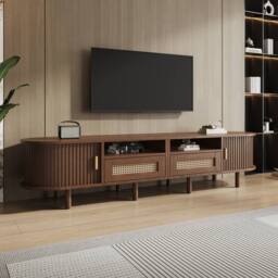 BTM TV Cabinet TV Stand Console Rattan Drawers Sliding Doors Storage in Dark Brown - thumbnail 4