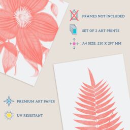 Artery8 Wall Art Print Pack of 2 A4 Calm Flower & Fern Frond Coral Pink Plant Botanical Aesthetic Living Room s Set - thumbnail 4