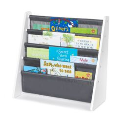LIVIVO Natural Kids Bookshelf 4 Tier Sling Book Storage Rack in Grey - thumbnail 1