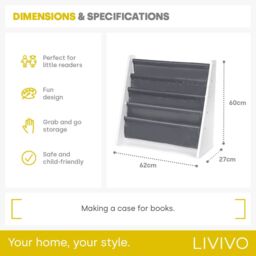 LIVIVO Natural Kids Bookshelf 4 Tier Sling Book Storage Rack in Grey - thumbnail 8