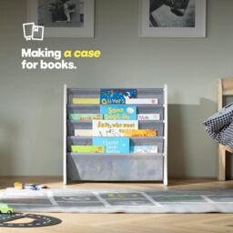 LIVIVO Natural Kids Bookshelf 4 Tier Sling Book Storage Rack in Grey - thumbnail 2