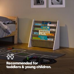 LIVIVO Natural Kids Bookshelf 4 Tier Sling Book Storage Rack in Grey - thumbnail 5