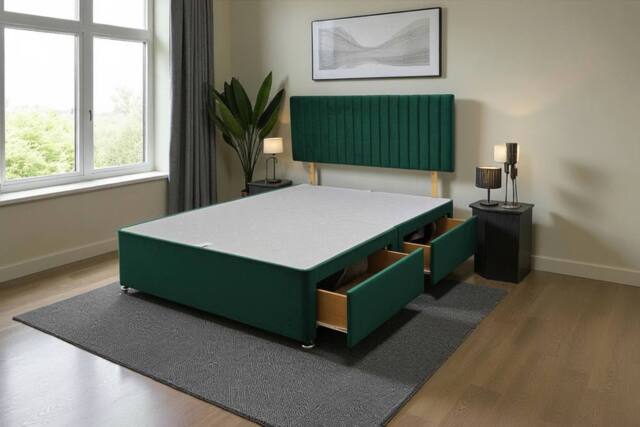Knight Sleep Emily Divan Bed Base 2 Drawers & Headboard in Dark Green - Size: Small Double - image 1