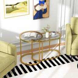 Gymax Nesting Coffee Table Set Round & Oval End Tables With Glass Tabletop in Gold - thumbnail 3