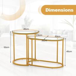 Gymax Nesting Coffee Table Set Round & Oval End Tables With Glass Tabletop in Gold - thumbnail 2