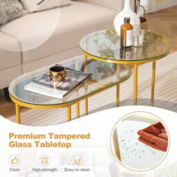 Gymax Nesting Coffee Table Set Round & Oval End Tables With Glass Tabletop in Gold - thumbnail 5