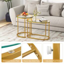 Gymax Nesting Coffee Table Set Round & Oval End Tables With Glass Tabletop in Gold - thumbnail 6