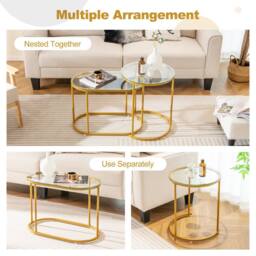 Gymax Nesting Coffee Table Set Round & Oval End Tables With Glass Tabletop in Gold - thumbnail 4
