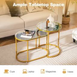 Gymax Nesting Coffee Table Set Round & Oval End Tables With Glass Tabletop in Gold - thumbnail 7